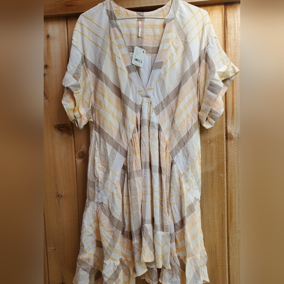 Free‎ people Agnes plaid Mini Dress Neutral Combo Women's XS - Picture 2 of 7